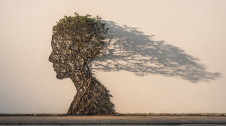 A unique tree casts a shadow resembling a person growing upward, highlighting the theme of inner development with the right side open and free.の素材