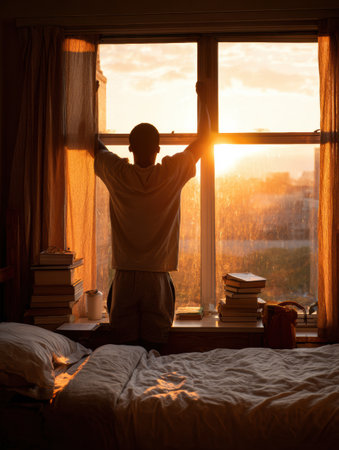 A student stretches while holding books at a dorm window as the sun rises, bringing warmth and light to the empty lower half of the room.の素材