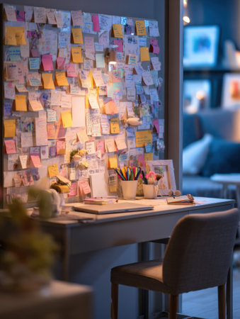 Cozy home office displays a vision board filled with colorful sticky notes, soft lighting creating a welcoming atmosphere for work and creativity.の素材