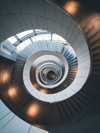 A unique spiral staircase designed to resemble a brain shape is observed from above, showing clear side spacing and modern architectural elements.の素材