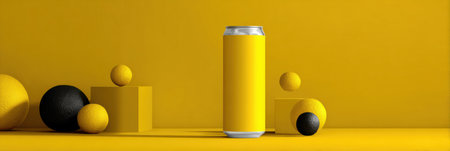 A minimalistic 3D representation showcases a geometric beer can in bright yellow, accompanied by various spheres and cubes against a simple backdrop.の素材