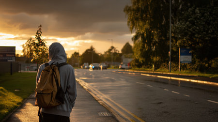 A student in a hoodie walks alone down an open road after completing an exam. The lighting is moody, creating a reflective atmosphere as the sun sets.の素材