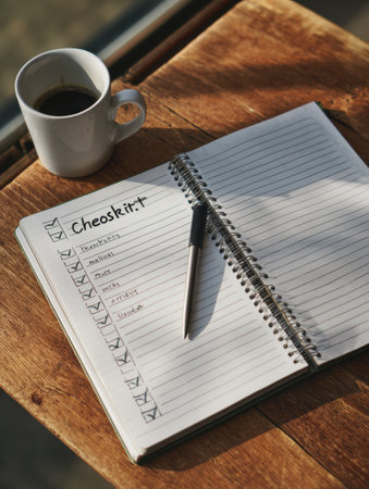 Notebook rests open on a wooden surface featuring a personal checklist for health, knowledge, relationships, and growth besides a steaming cup of coffee.の素材