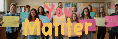 Students hold colorful You Matter signs during a morning affirmation circle, building belonging and support in their school community.の素材