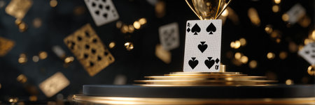 Golden trophy adorned with card suits sits prominently on a podium, while playing cards cascade around it, highlighting a triumphant moment in a gaming event.の素材