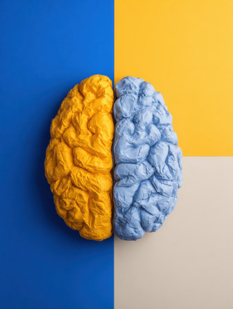A dual-colored brain one half vibrant yellow, the other soft blue, highlighting the contrast between creative and logical thinking.の素材