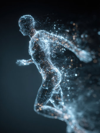 A figure morphs into neural data particles, creating a captivating visual of movement and digital change against a dark background.の素材