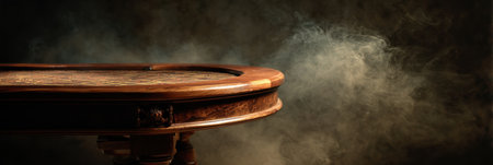 A vintage poker table sits against a smoky background, evoking a sense of nostalgia and mystery in an inviting gaming atmosphere.の素材