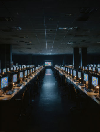 A large dark room filled with multiple monitors and desks, suggesting a busy scam call center actively engaging in deceptive operations.の素材