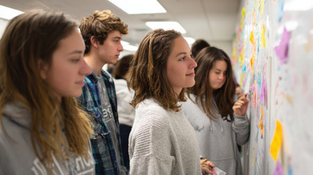 Group of students actively brainstorming on a whiteboard wall, sharing ideas and working together in a creative classroom environment during daytimeの素材