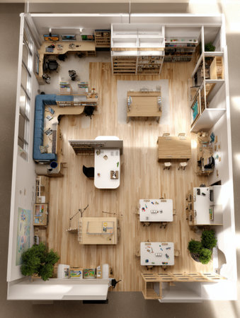 Bright and open makerspace featuring diverse tools in an accessible design with minimal layout, encouraging creativity and collaboration among users.の素材