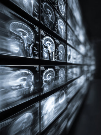 Timelapse blur displays a collection of brain scans capturing neural activity within a medical facility, emphasizing the complexities of human cognition.の素材