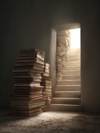 A stack of books rises into a staircase that leads toward a luminous doorway, symbolizing a journey towards knowledge and enlightenment.の素材