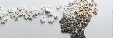 A collection of puzzle pieces forms a human head silhouette, with one crucial piece absent and floating above, emphasizing ideas of completion and identity.の素材