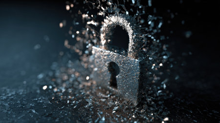 A shattered lock icon made of digital debris illustrates the impact of malware on security. The artwork represents vulnerabilities in cybersecurity systems.の素材
