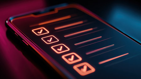 A smartphone showcases a self-improvement app that features glowing checklists on its interface, set against a captivating dark background.の素材