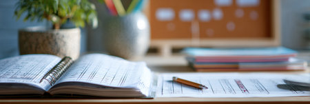 A study desk features a goal tracker on a corkboard, with open space on the right. Organized materials support a productive workspace for focused learning.の素材