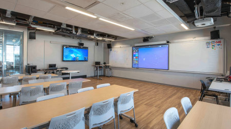 Innovative classroom layout featuring multiple LED learning panels, IoT devices, and desks arranged for collaborative learning and engagement during lessons.の素材