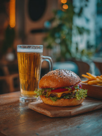 Delicious gourmet burger topped with fresh ingredients is served alongside a chilled lager in a warm and inviting atmosphere during evening hours.の素材