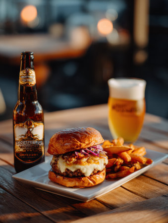 Enjoy a delicious gourmet burger topped with cheese and onions, served with golden fries and a cold lager in a cozy outdoor setting at sunset.の素材