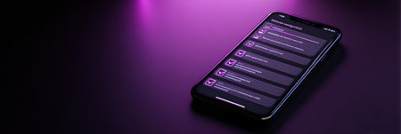 Smartphone shows a self-improvement app with glowing checklists, highlighting completed tasks and helping users track their progress.の素材