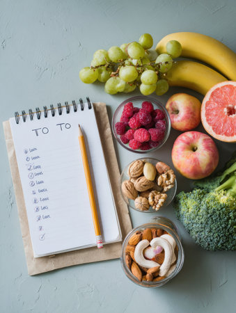 Overhead view showcases a variety of nutritious snacks alongside a to-do list and pencil, set against a calming minimalist background ideal for studying.の素材