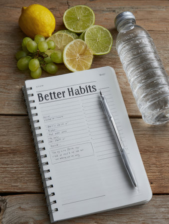 Notebook titled Better Habits sits next to sliced fruit and a water bottle, suggesting a focus on health and mindful living during a wellness session.の素材