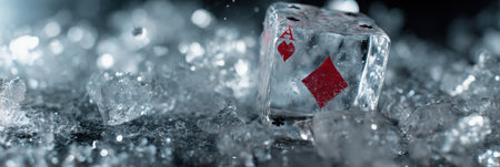 A poker chip embedded in a glistening ice cube showcases a frosty mood, surrounded by crushed ice. The cool setting highlights textures and clarity.の素材