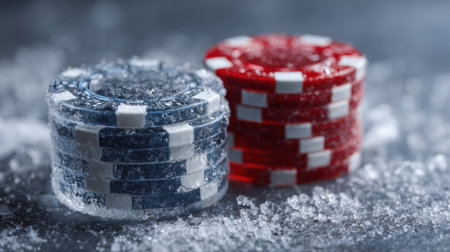 A poker chip is embedded in an ice cube, surrounded by frost, conveying a chilly mood and a captivating gambling theme in a cool setting.の素材