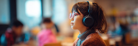 A neurodivergent student wears noise-canceling headphones, concentrating in a colorful classroom filled with lively peers engaging in learning activities.の素材