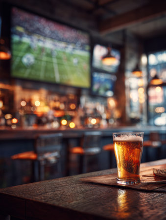 A refreshing glass of beer sits on a wooden table, perfectly in focus, while a game plays on the screen above in a lively sports bar setting.の素材