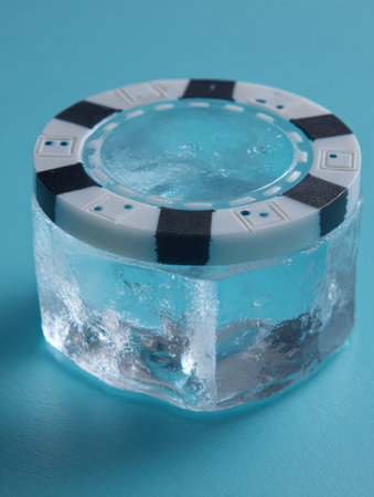 A vibrant poker chip is set within a clear ice cube, showing a frosty aesthetic. This setup is perfect for themed gaming gatherings or parties.の素材