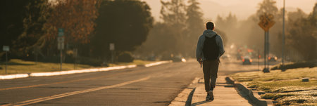 A student walks alone down an open road after completing an exam, surrounded by soft, moody lighting as the day begins to fade.の素材