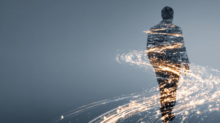 A transparent silhouette emerges from light trails that represent inspiration and creativity, set against a clean background in a serene atmosphere.の素材