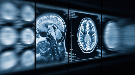 Timelapse reveals a series of brain scans, highlighting neural pathways and structures in a clinical environment, creating a dynamic visual experience.の素材
