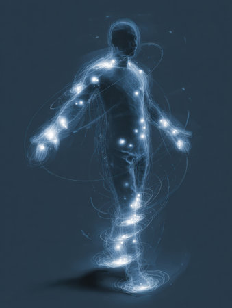 A glowing silhouette surrounded by orbs, representing various skills, stands out in a dark, abstract background.の素材