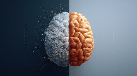 The artwork showcases a split view of the creative and logical brain, highlighting their contrasting mental processes.の素材