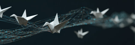 Origami birds transform into digital code on a curved path, merging art and technology in a dim setting.の素材