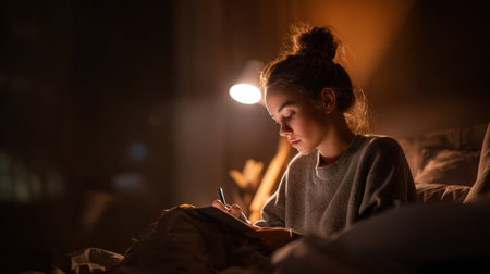 A young woman writes in her journal beneath the soft lamp light in a cozy space, enjoying a moment of self-reflection and tranquility at night.の素材