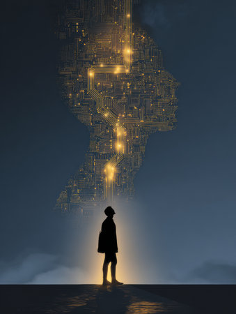 A silhouette gazes upward, illuminated by a radiant roadmap of life represented by glowing circuits, symbolizing hope and potential futures.の素材