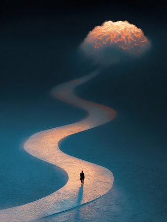 A person journeys along a winding path, approaching a radiant brain illuminated in the distance, symbolizing knowledge and discovery.の素材