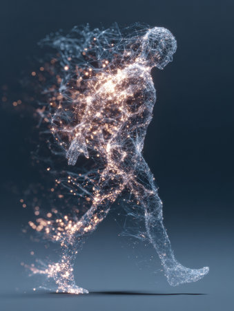 A human figure engages in dynamic movement, gradually transforming into shimmering data particles, illustrating a connection between biology and technology.の素材