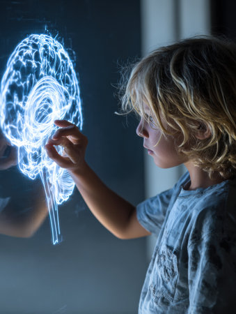 Young child explores digital brain projection, engaging with technology in an advanced learning space that encourages creativity and knowledge discoveryの素材