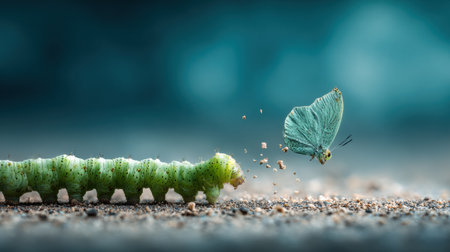 Caterpillar transitions into a butterfly, illustrating the beauty of transformation and change in a serene natural setting during early morning light.の素材