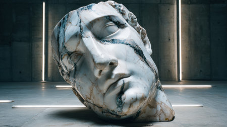 A stylized marble head bust sits dramatically under modern lighting, showing intricate details against a stark, empty background that enhances its beauty.の素材