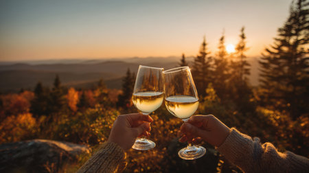 Two hands lift glasses in cheers against a breathtaking mountain sunset, celebrating the beauty of nature during evening hours.の素材