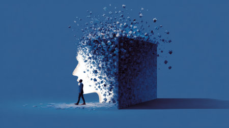 A person steps out of a cube-shaped mind, breaking free from limitations as new thoughts and ideas unravel. The right side is open to innovation and discovery.の素材