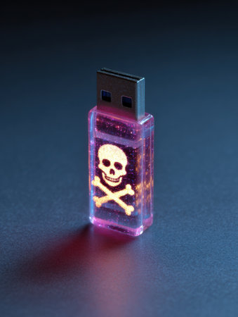 A glowing USB drive labeled with a malware symbol is connected to a computer, highlighting cybersecurity concerns in a tech-focused environment.の素材