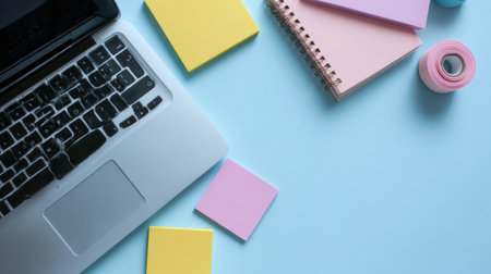 A clean and organized study area showcases a laptop, vibrant sticky notes, and a notepad, creating a serene environment for productivity and focusの素材