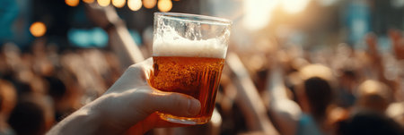 Cheers to good vibes as a foamy pint is raised amidst an energetic crowd at a vibrant concert during the golden hour of sunsetの素材